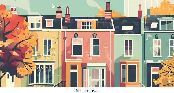 Colorful Row Houses With Autumn Tree