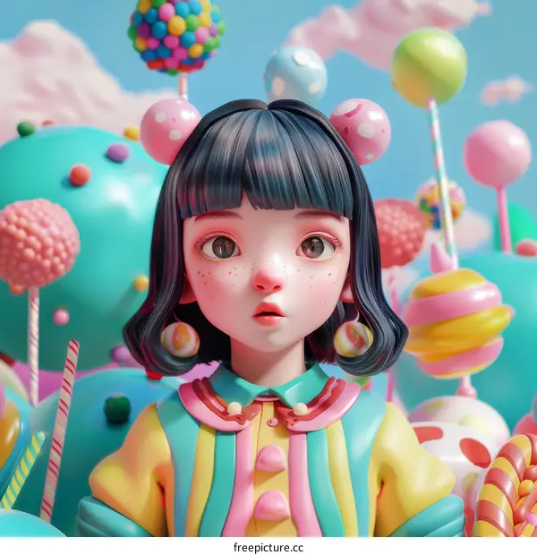 3D illustration of a girl in a candy land