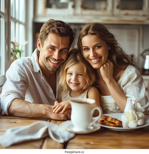 Happy family of three sitting at the table and smiling