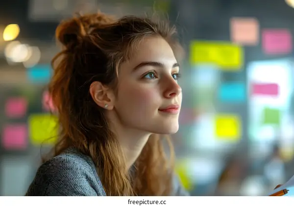 Portrait of a Young Woman Looking Thoughtfully at a Whiteboard with Sticky Notes