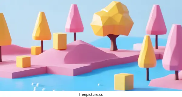 Low Poly 3D Rendered Landscape with Yellow and Pink Trees