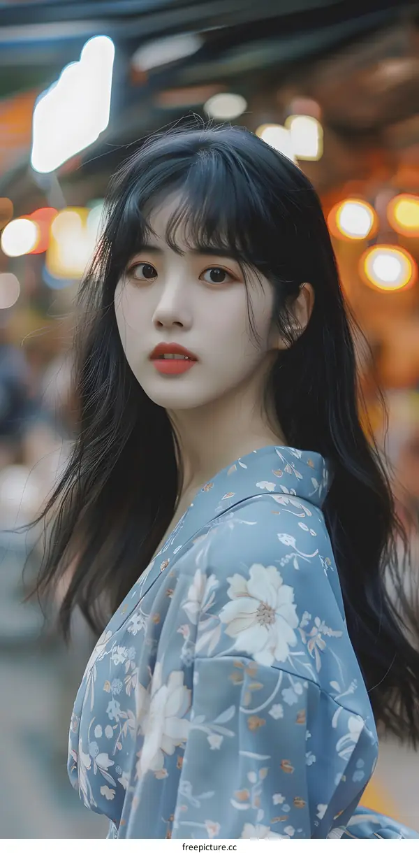 Young Asian Woman Wearing Floral Kimono Looking at Camera