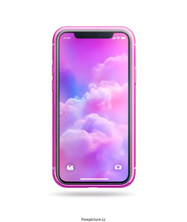 Pink Mobile Phone with Cloud Background
