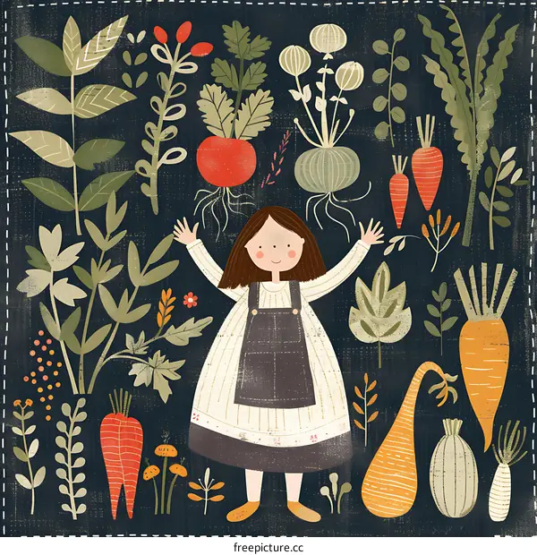 Girl Surrounded by Vegetables in Illustration