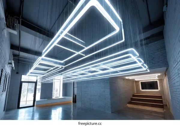 Modern Industrial Interior with Neon Light Chandeliers