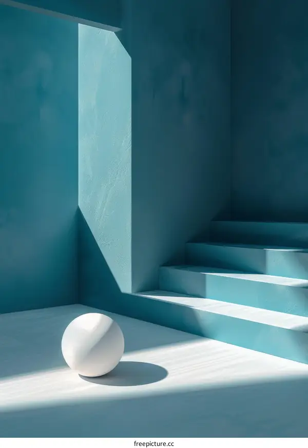 Contemporary 3D Rendering of Blue Room Scene with Stairs and White Sphere