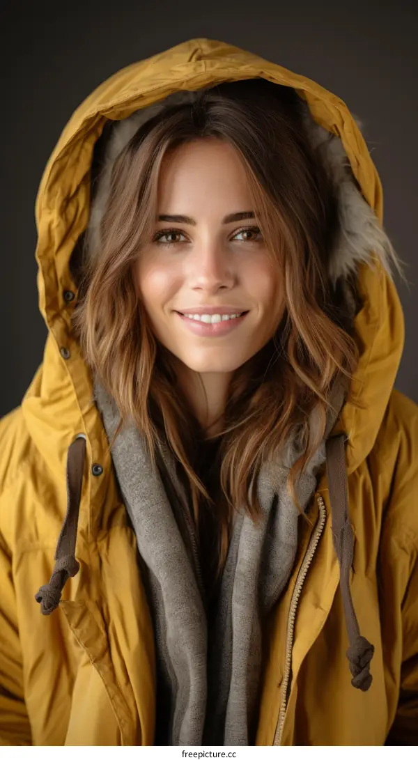 portrait of a smiling young woman in a yellow hooded coat