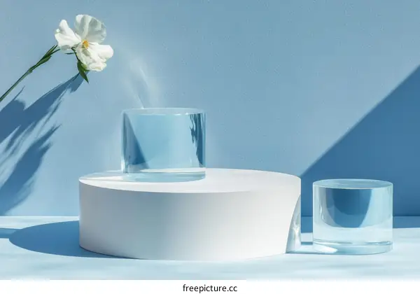 Minimalist Aesthetic Display with White Flower and Clear Cylinders