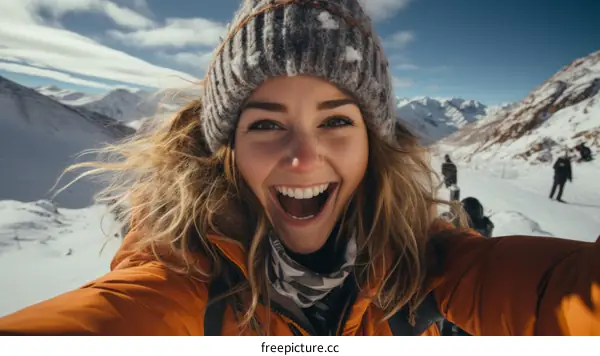 Happy woman in winter clothes on a snowy mountain