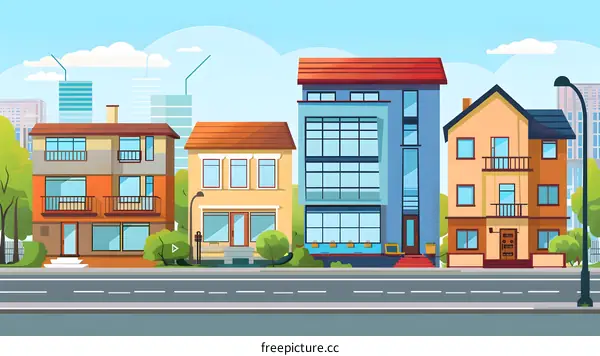 Modern Houses On City Street Illustration