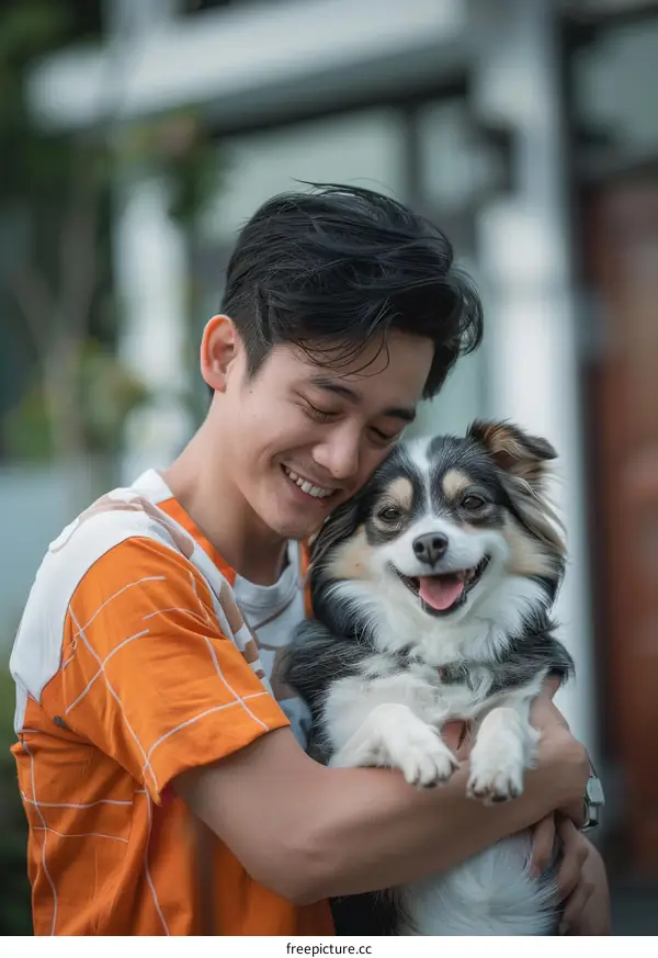 A smiling Asian man hugging a small dog