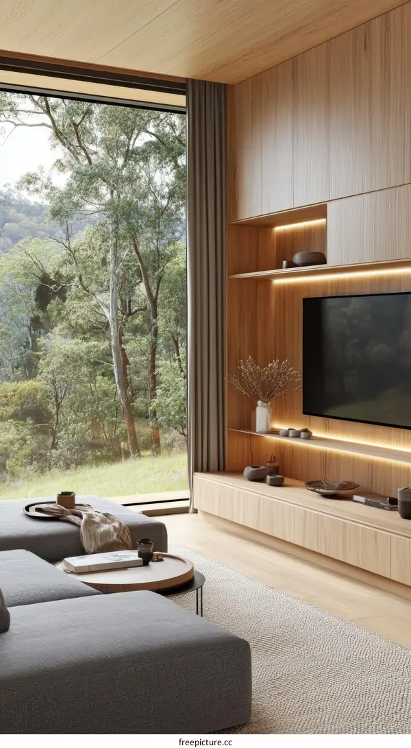 Modern Wooden Living Room with Scenic View