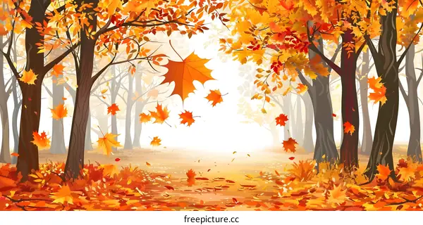 Autumn Forest With Falling Leaves