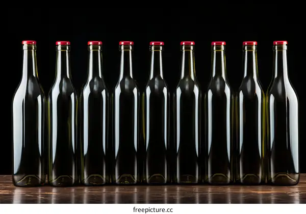 Bottles of wine in a row on a wooden table