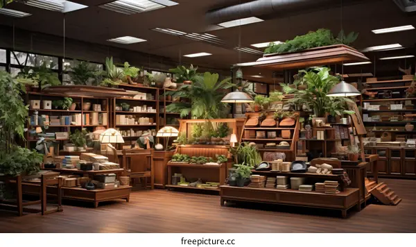 An indoor bookstore with a lot of plants
