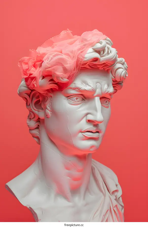 White Plaster Bust of a Man with Pink Fabric Draped Over Head