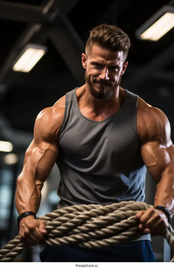 muscular man pulling ropes in the gym