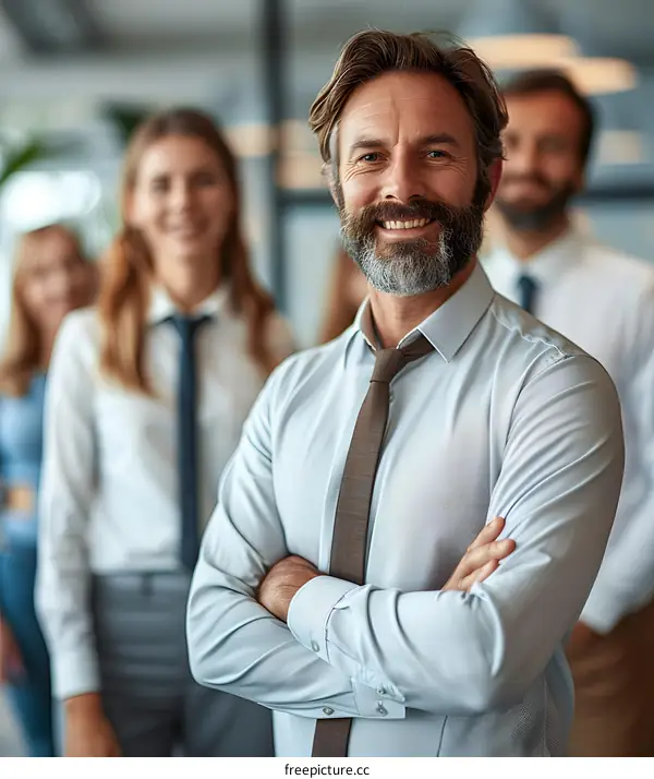 Smiling Businessman Leader in Front of Team