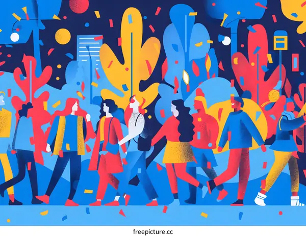 Colorful Illustration of Diverse Group of People Walking Through a City Park