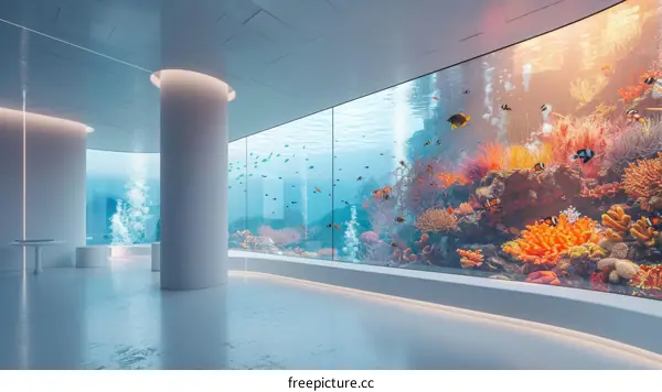 A vast modern aquarium with a vibrant collection of marine life