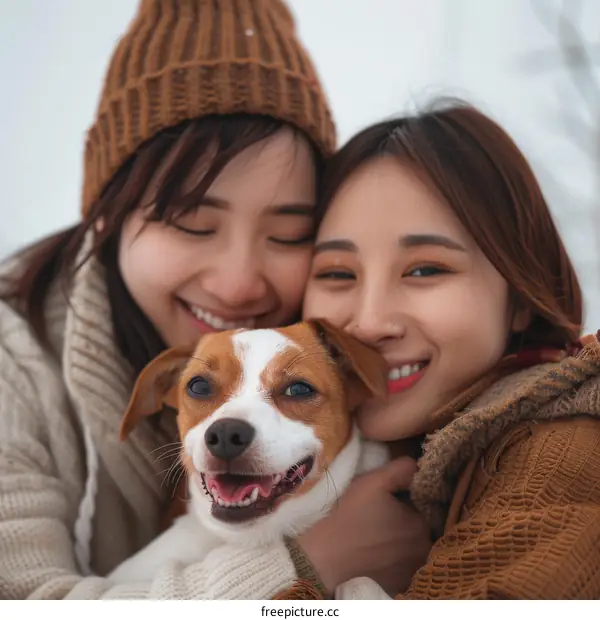 Two Asian women with a dog