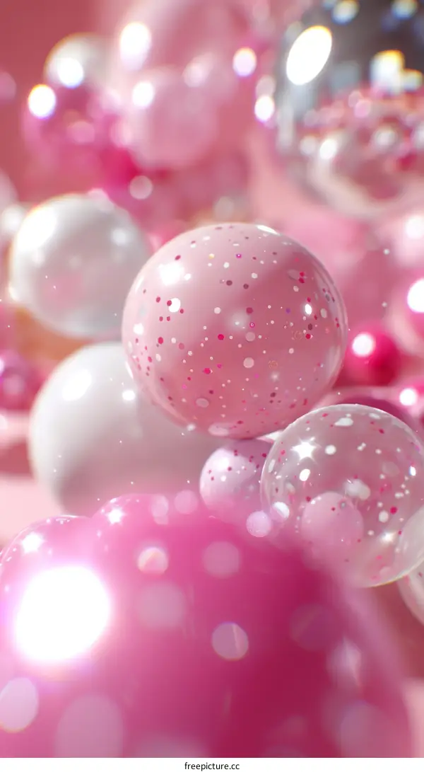 Pink and white polka dot balls floating in a pink background