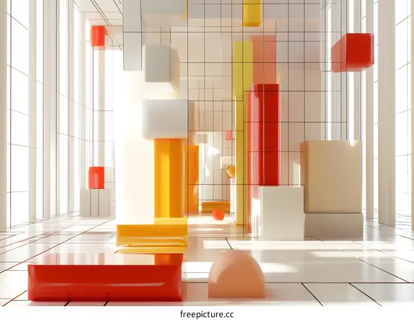 Abstract Geometric Shapes in White Room 3D Illustration