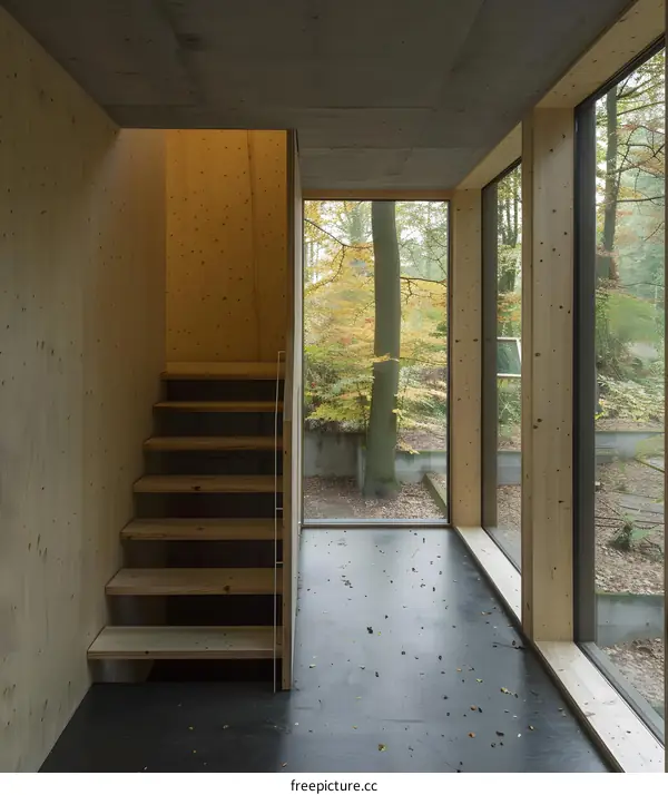 Modern Wooden Staircase with Large Window View of Autumn Forest