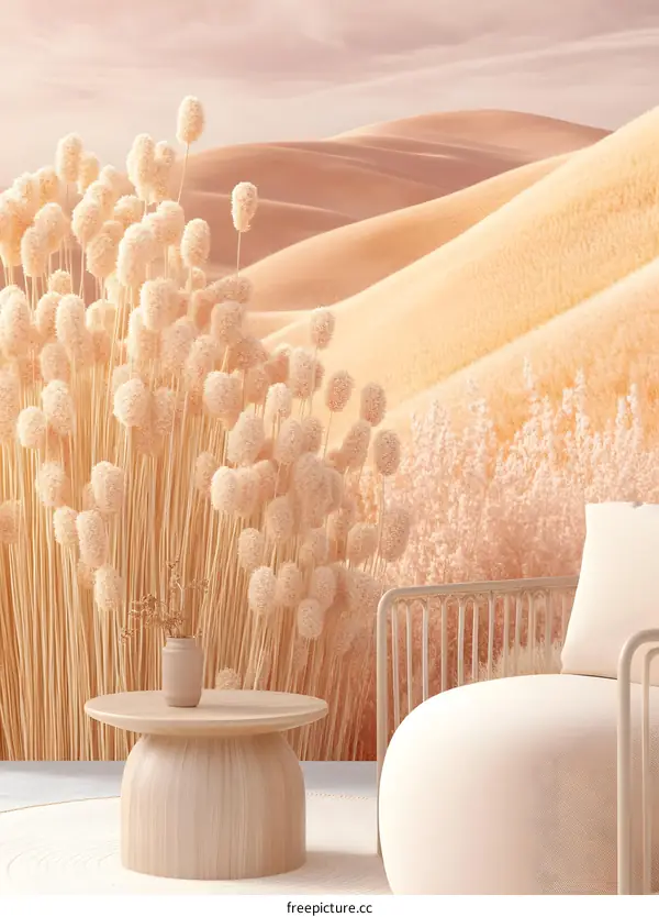 Beige Minimalist Living Room with Desert Grass Wall Decor