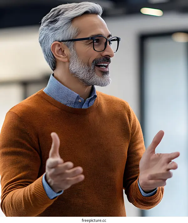 Confident Middle Aged Man Speaking In Office