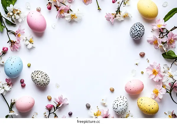 Easter Eggs and Flowers Arrangement on White Background