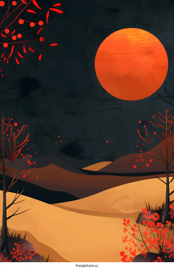 Abstract Landscape with Orange Moon and Red Berries