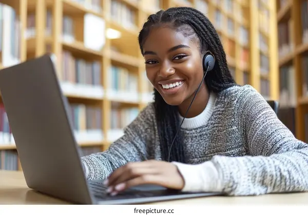Happy young Black woman using a laptop in library