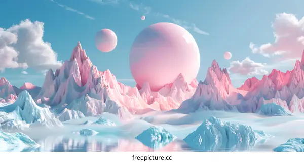 Fantasy landscape with floating pink spheres and icy mountains