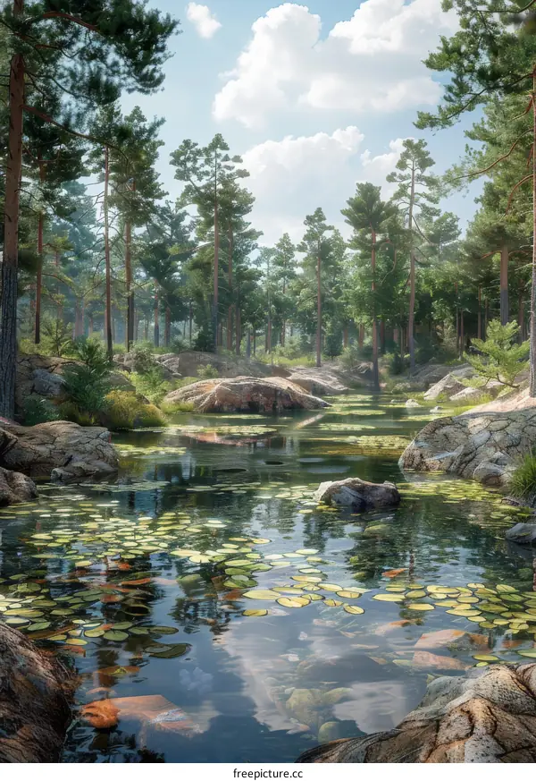 A beautiful forest pond with lily pads and sunlight