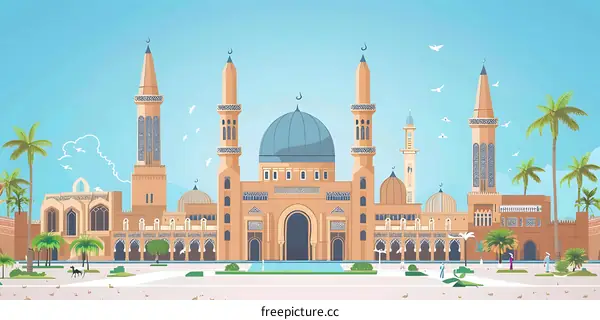 Mosque Architecture Illustration With Palm Trees And People