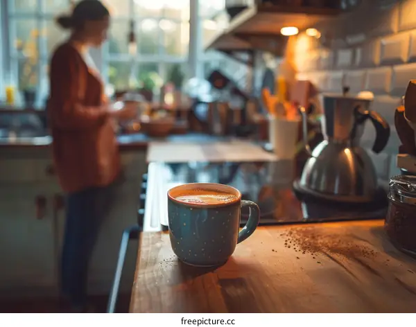 A cup of coffee on the kitchen counter with a woman in the background