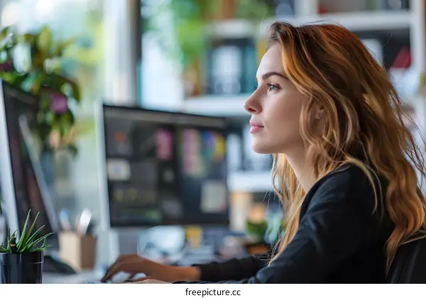Portrait of a young woman looking at computer monitors thoughtfully