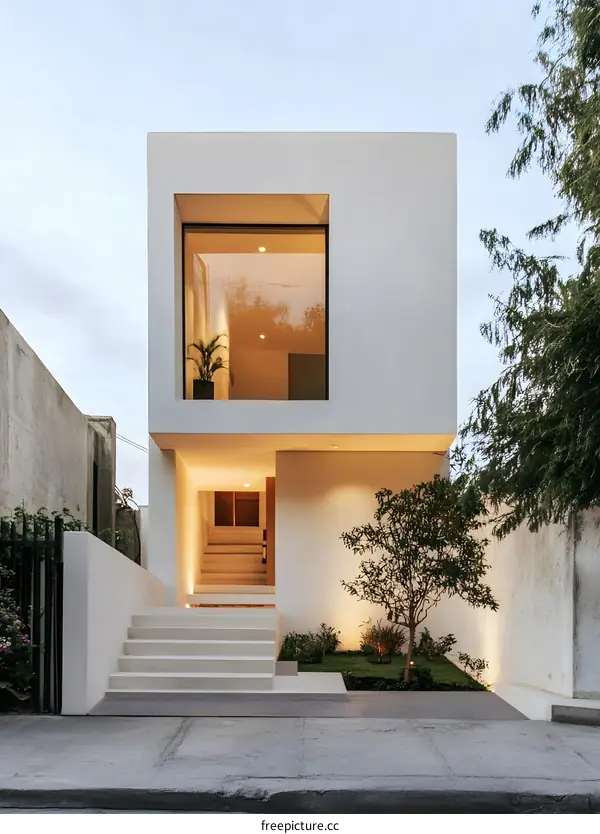 Minimalist White Modern House Exterior Design with Large Window and  Steps