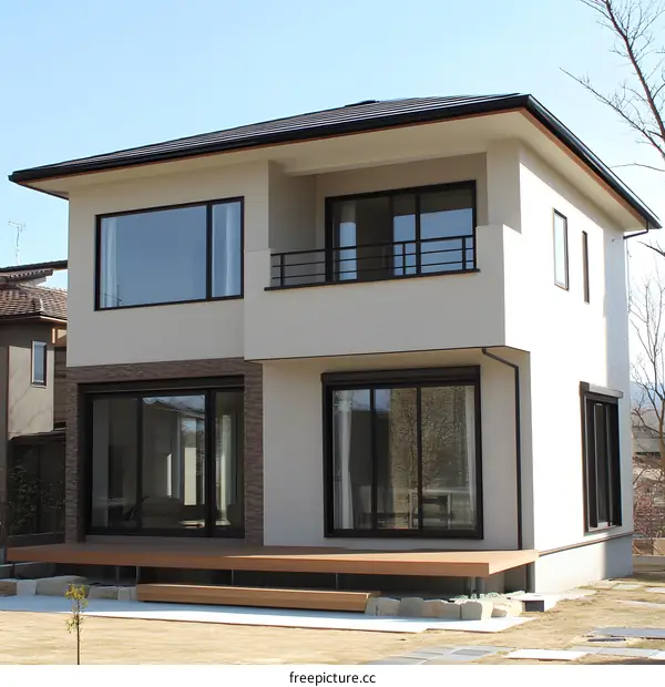 Modern Two Story House With Deck And Lawn