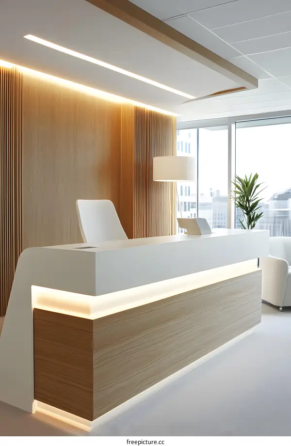 Modern Office Reception Desk with Wooden Accents
