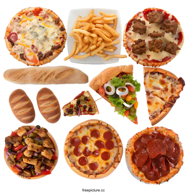 [Transparent Background PNG]Delicious Pizza, French Fries, Bread, and Salad Isolated on White Background