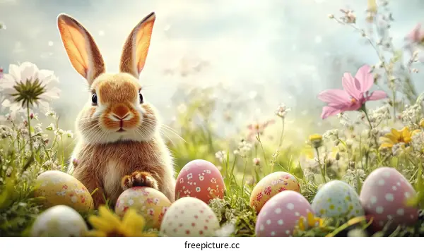 Adorable Easter Bunny in a Spring Meadow with Eggs