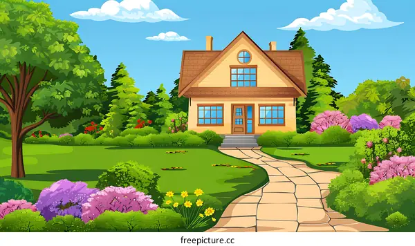 Beautiful House with Green Lawn and Flower Garden in Summer