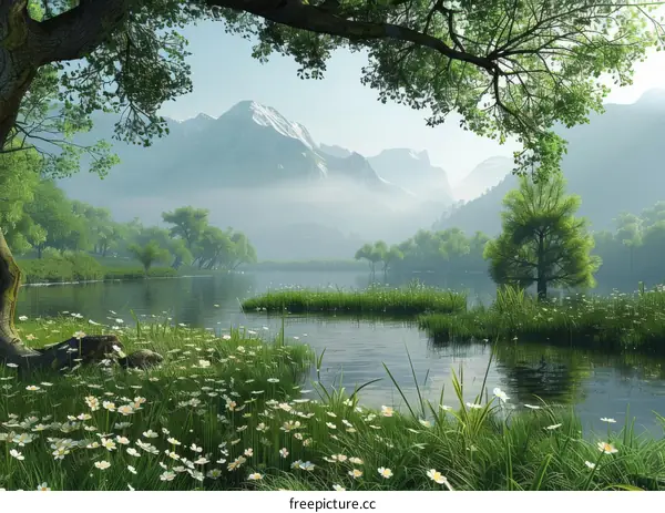 Enchanting Mountain Lake Surrounded by Verdant Trees and Flowers