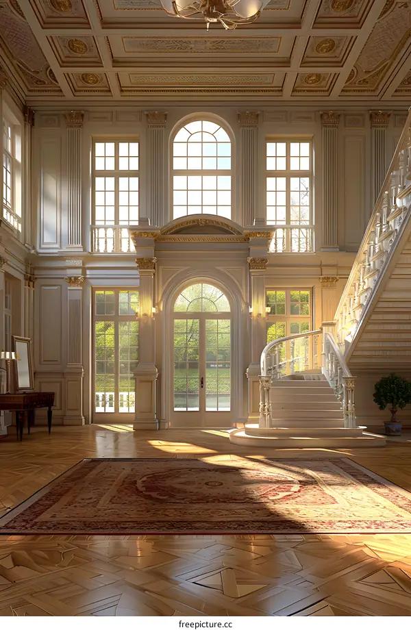 European style luxury house interior with staircase and balcony