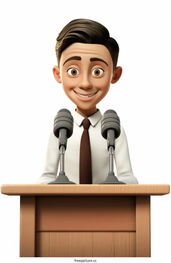 3D illustration of a young male politician giving a speech at a podium with two microphones