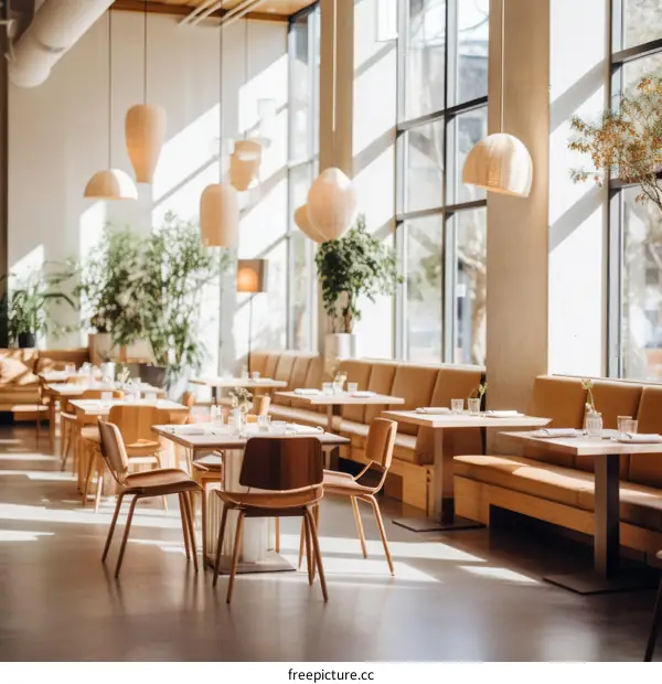 Elegant restaurant interior with large windows and stylish furniture