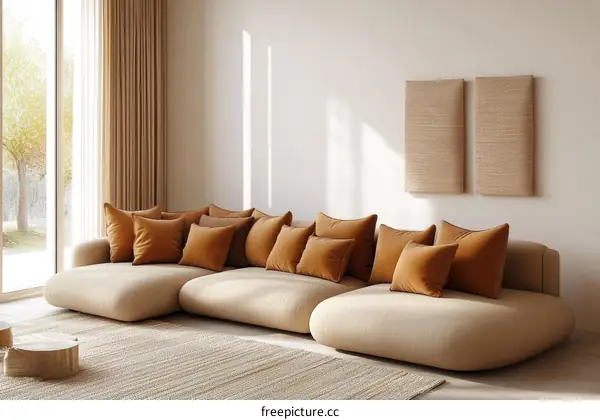 Modern Beige Sectional Sofa with Orange Pillows