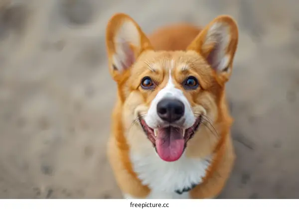 A happy corgi dog looking up at the camera